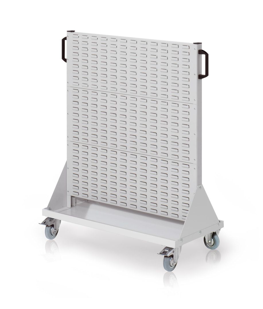 Mobile Stellwand - Schlitzwand für Sichtlagerkästen - beidseitig - mit 140 Kästen bestückt - 1.230 x 1.000 x 500 mm (HxBxT)