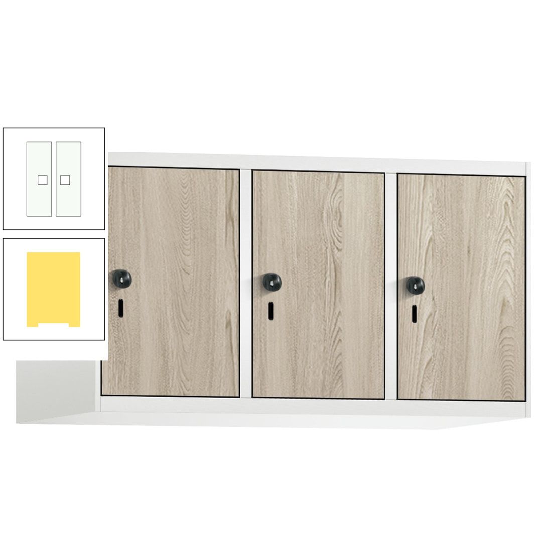 Aufsatzschrank, Schrankaufsatz, 3 Fächer a 300 mm, Farbe Pastellgelb, Tür anthrazitgrau, 500 x 900 x 500 mm (HxBxT)