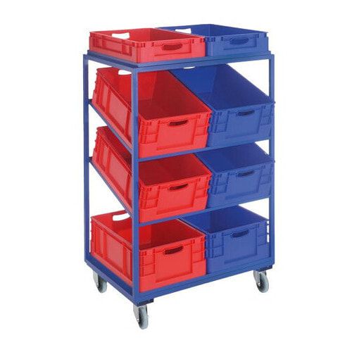 Kommissionierwagen für Eurolagerkästen, Traglast 230 kg, Ladefläche 625 x 805 mm, 4 Etagen, inkl. 2 schräge Fachböden, Farbe enzianblau