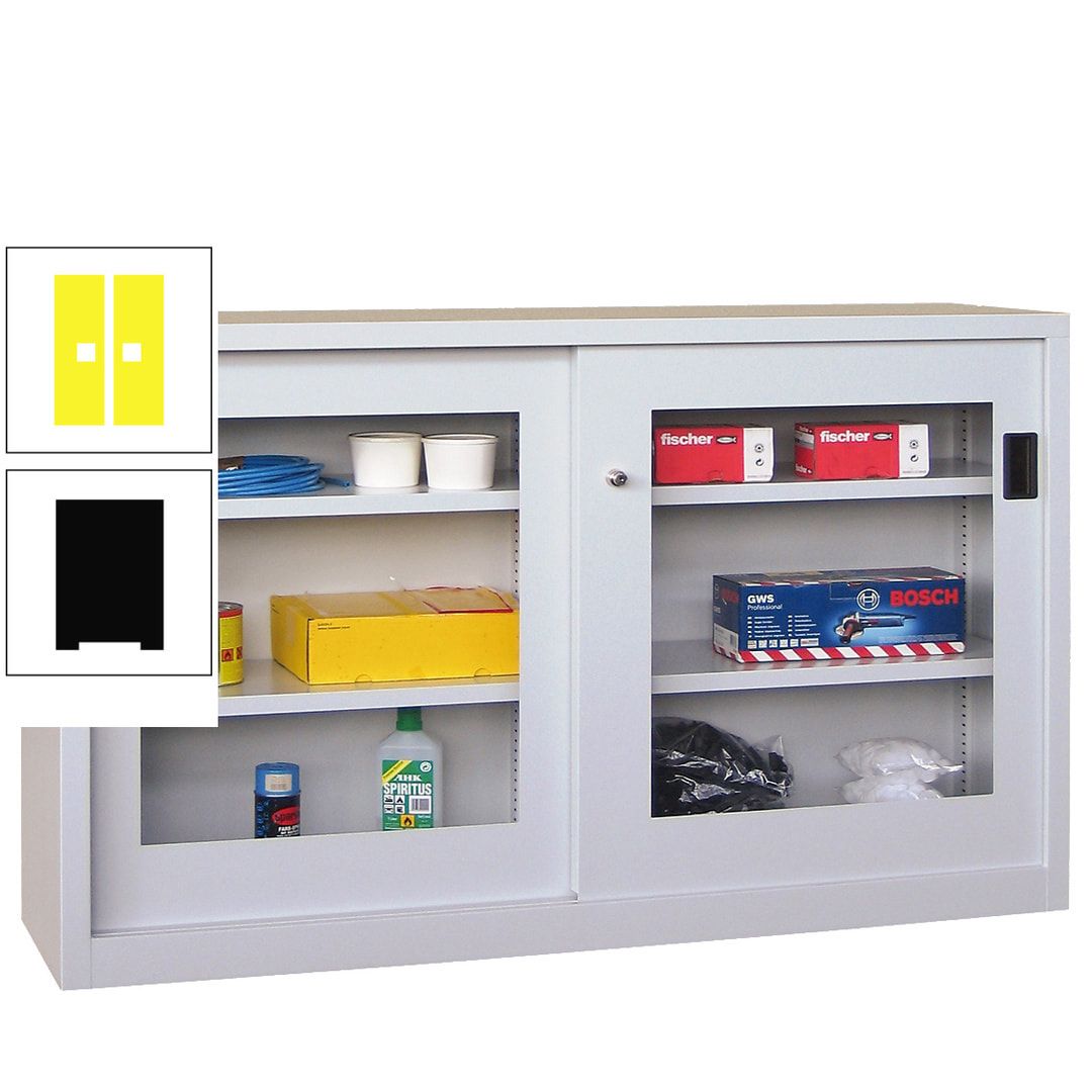 Schiebetürenschrank - Sichtfenstertüren - 1.000x1.500x600 mm (HxBxT) - 4 Böden, verzinkt - Zylinderschloss - anthrazitgrau