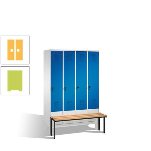 Stahl-Garderobenschrank, Spind, Buche Sitzbank vorgebaut, 4 Abteile a 300 mm, Korpus Lichtgrün, Tür Schwefelgelb, 1.850 x 1.200 x 815 mm (HxBxT)