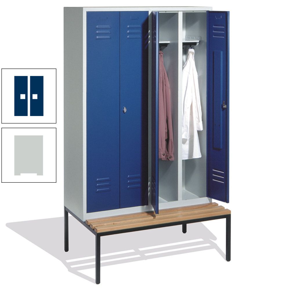 Doppel-Spindschrank, Buche Sitzbank untergebaut, 4 Abteile a 300 mm, Korpus lichtgrau, Tür anthrazitgrau, 2.090 x 1.190 x 815 mm (HxBxT)