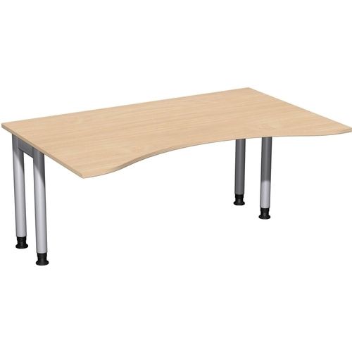 Ergo-Schreibtisch, Füße einseitig verkürzt, 4-Fuß Pro, höhenverstellbar, 680-800 x 1.600 x 1.000 mm (HxBxT), Gestell silber, Dekor Ahorn