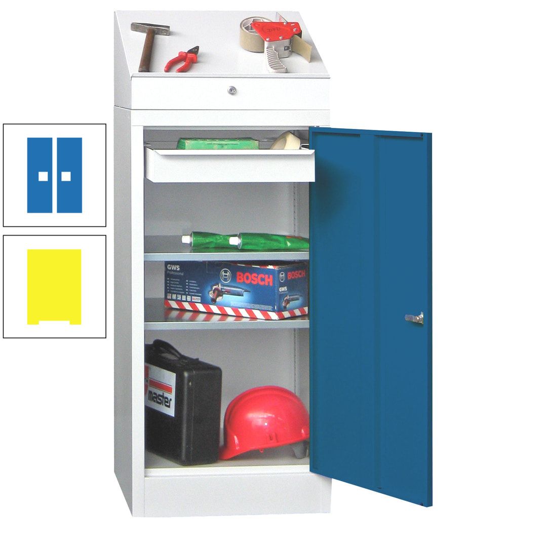 Stehpult mit Schrank - Vollblechtür - 1 Einlegeboden, 1 Ausziehboden, 1 Schublade - 1.270x500x500 mm (HxBxT) - anthrazitgrau
