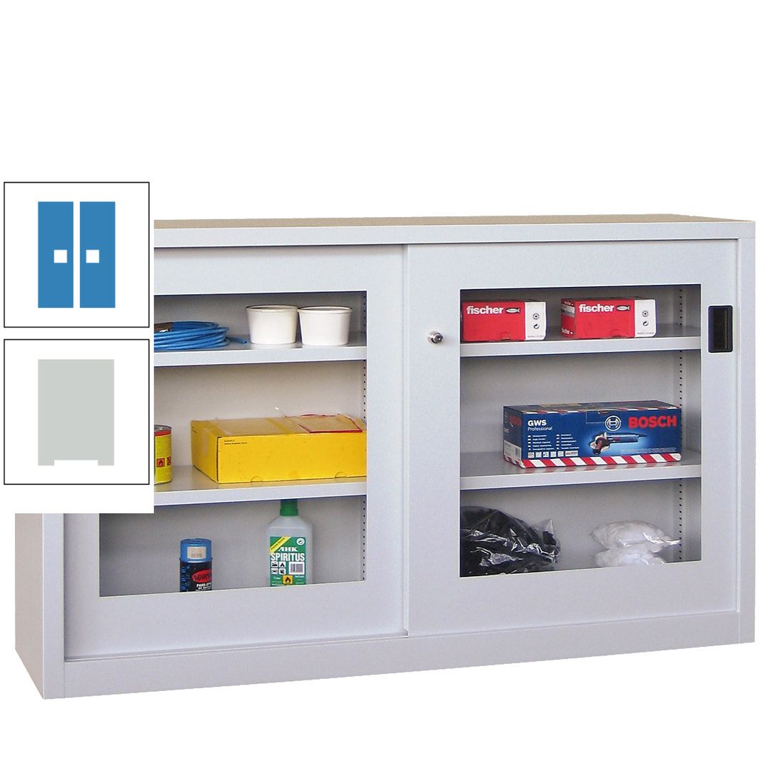 Schiebetürenschrank - Sichtfenstertüren - 1.000x1.500x600 mm (HxBxT) - 4 Böden, verzinkt - Zylinderschloss - anthrazitgrau