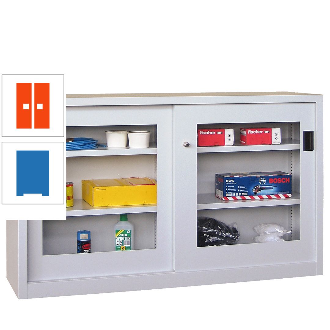 Schiebetürenschrank - Sichtfenstertüren - 1.000x1.500x600 mm (HxBxT) - 4 Böden, verzinkt - Zylinderschloss - anthrazitgrau
