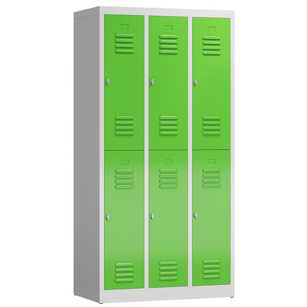 Garderobenschrank, Doppelstockspind, 3 Abteil, 6 Fächer, 1.800 x 870 x 500 mm (HxBxT), Stahl, Drehriegel, Korpus: lichtgrau, Front: anthrazitgrau