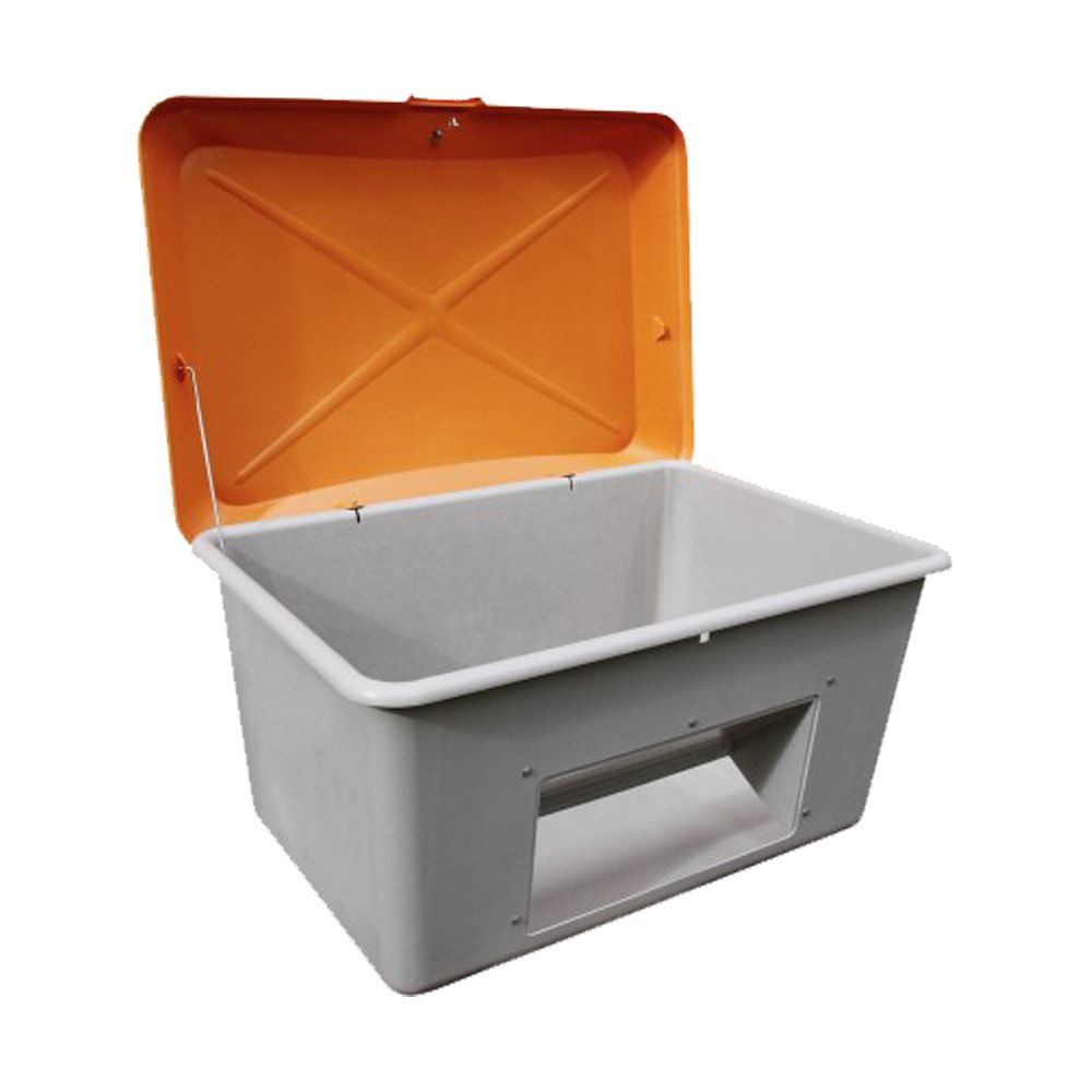Streugutbehälter für Streusalz, Winterstreumittel, Futtermittel, mit Entnahmeöffnung, 200 l Volumen, 640 x 890 x 600 mm (HxBxT), grau/orange GFK