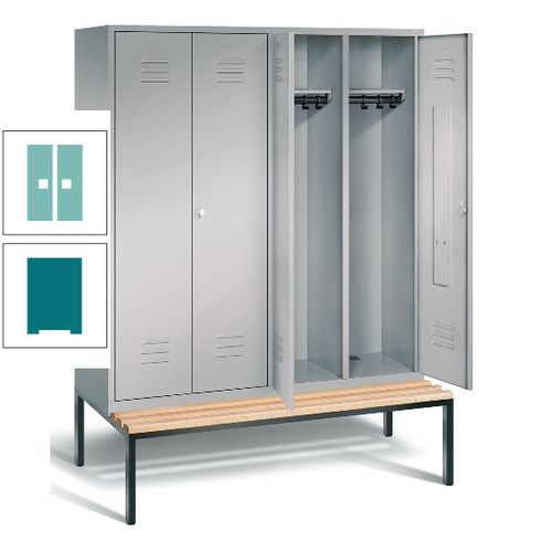 Doppel-Spindschrank, Buche Sitzbank untergebaut, 4 Abteile a 400 mm, Korpus lichtgrau, Tür anthrazitgrau, 2.090 x 1.590 x 815 mm (HxBxT)