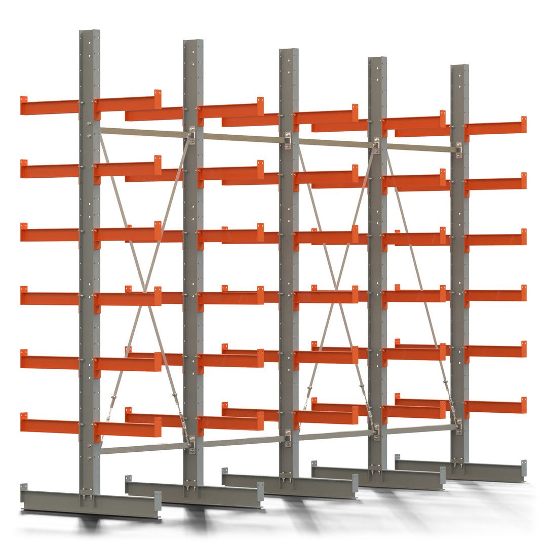 Doppelseitiges Kragarmregal, 2 Felder, 3.000 x 2.000 x 1.120 mm (HxBxT), Nutztiefe 500 mm, Kragarmlast 870 kg, KARL basic, silbergrau/reinorange