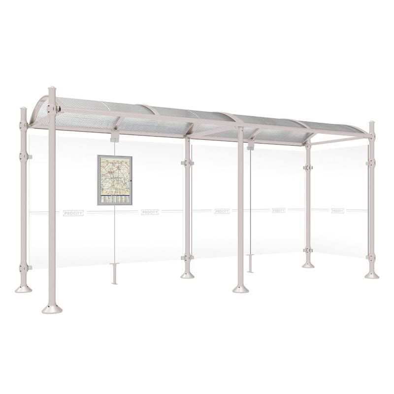 Buswartehalle, Unterstand, 2 Seitenwände, Kopf gebürsteter Edelstahl, ESG, Fahrplanschaukasten, 2.500 x 2.500 x 1.600 mm (HxBxT), Farbe enzianblau