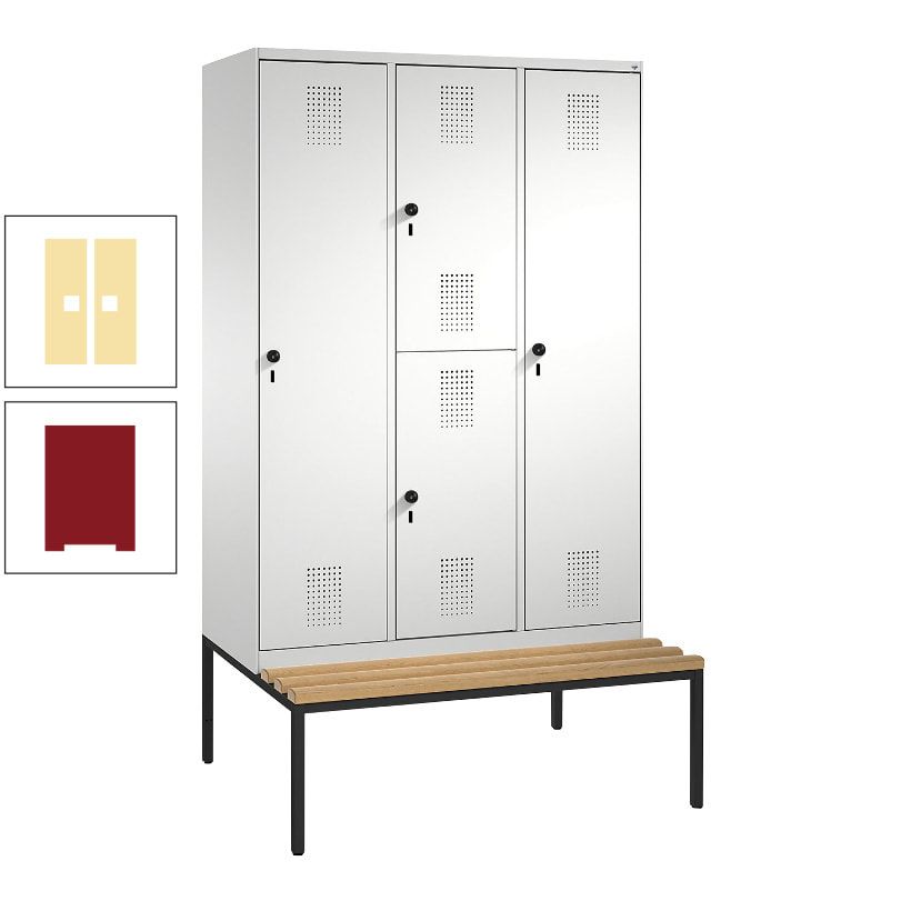 Garderobenschrank, Spind ein- und doppelstöckig Sitzbank, 3 Abteile, 4 Fächer, 2.090x1.200x500 mm (HxBxT), Front anthrazitgrau, Korpus anthrazitgrau