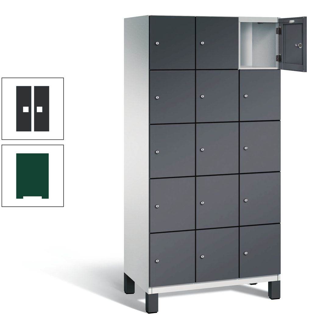 Fächerschrank, Stahlschrank, 15 Fächer, Türöffnungsbegrenzer, Füße, 1.980 x 900 x 525 mm (HxBxT), Korpus anthrazitgrau, Front anthrazitgrau