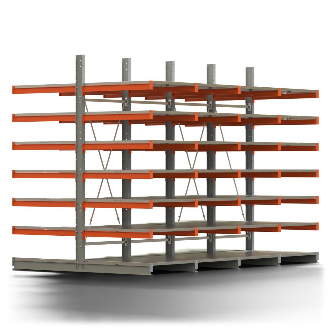 Doppelseitiges Kragarmregal mit Fachböden, 2 Felder, 3.000 x 2.000 (HxB), Nutztiefe 1.000 mm, Kragarmlast 450 kg, KARL basic, silbergrau/reinorange
