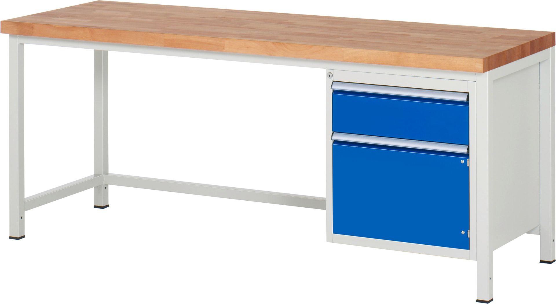 Werkbank, 1 Schrank - 1 Schublade - Teilauszug - 180:1 - Höhe 840-1.040 mm - 2.000 x 700 mm - 1.250 kg - Buche - Anthrazitgrau