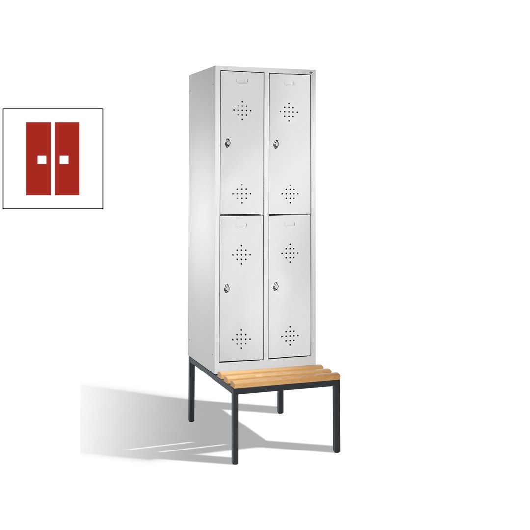 Garderobenschrank, Spind, 2 Abteile, 4 Fächer, 2.090 x 610 x 815 mm (HxBxT), Hartholz Sitzbank untergebaut, Korpus weißaluminium, Türen anthrazitgrau