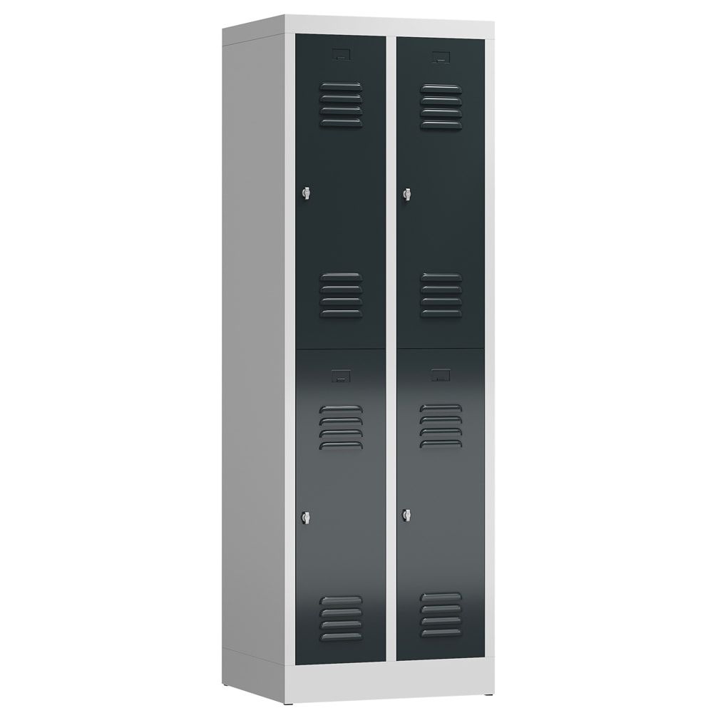 Garderobenschrank, Doppelstockspind, 2 Abteil, 4 Fächer, 1.800 x 590 x 500 mm (HxBxT), Stahl, Drehriegel, Korpus: lichtgrau, Front: anthrazitgrau