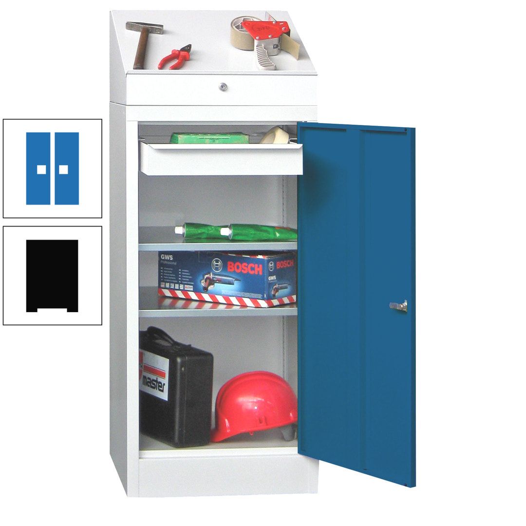 Stehpult mit Schrank - Vollblechtür - 1 Einlegeboden, 1 Ausziehboden, 1 Schublade - 1.270x500x500 mm (HxBxT) - anthrazitgrau