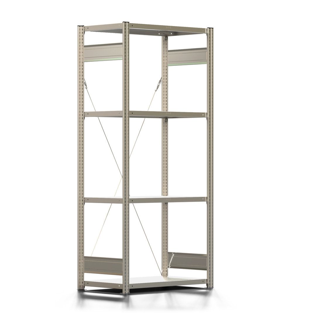 Fachbodenregal mit Tiefenriegel - 150 kg - 2.000 x 875 x 500 mm (HxBxT) - verzinkt 4 Böden - Anbauregal, Steckregal, Lagerregal, BERT