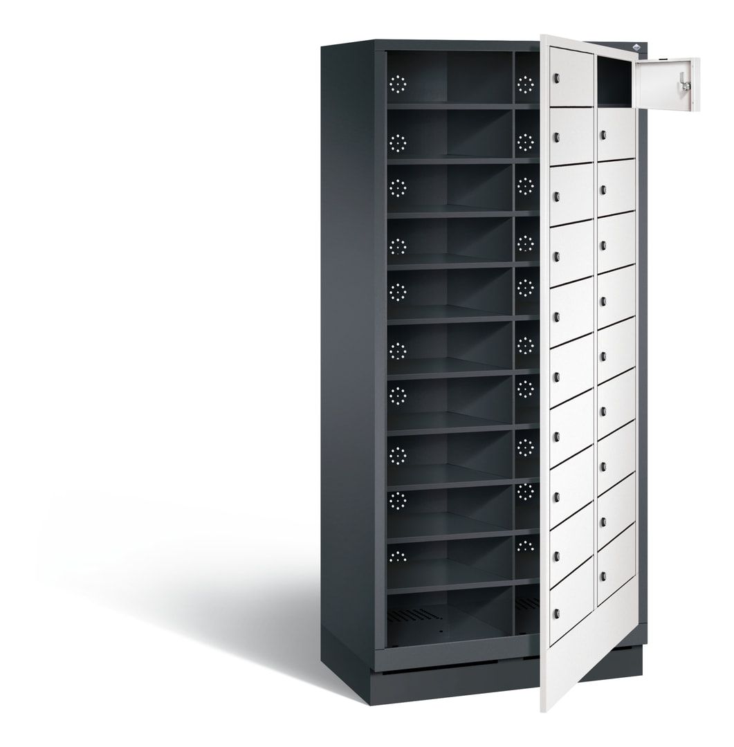 Wäscheschrank, Ausgabeschrank, Fächerschrank, Zentraltür, Sockel, 20 Fächer, Korpus Pastellgelb, Tür anthrazitgrau, 1.800 x 810 x 500 mm (HxBxT)