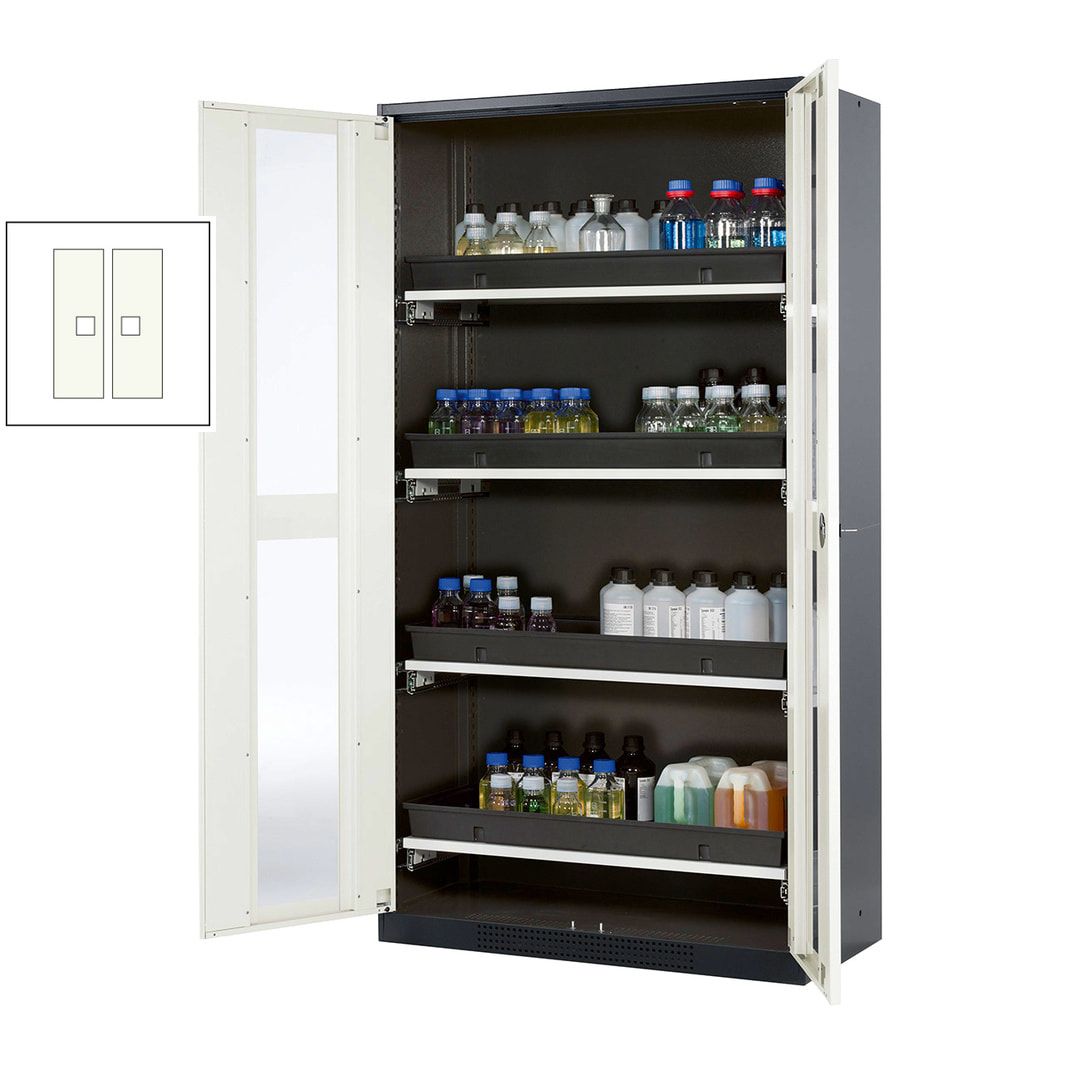 Chemikalienschrank - Falttüren - 1.950 x 1.055 x 520 mm (HxBxT) - 4 Tablarauszüge - anthrazitgrau/enzianblau