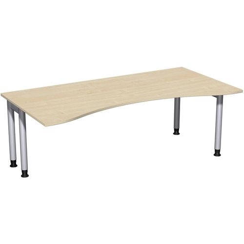 Ergo-Schreibtisch, Füße einseitig verkürzt, 4-Fuß Pro, höhenverstellbar, 680-800 x 1.600 x 1.000 mm (HxBxT), Gestell silber, Dekor Ahorn