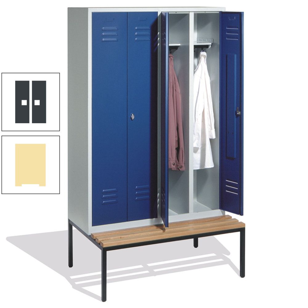 Doppel-Spindschrank, Buche Sitzbank untergebaut, 4 Abteile a 300 mm, Korpus lichtgrau, Tür anthrazitgrau, 2.090 x 1.190 x 815 mm (HxBxT)