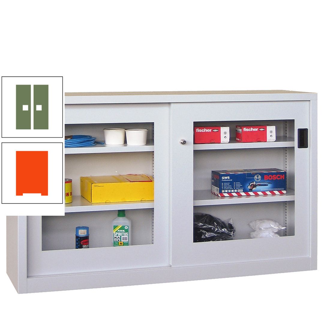 Schiebetürenschrank - Sichtfenstertüren - 1.000x1.500x600 mm (HxBxT) - 4 Böden, verzinkt - Zylinderschloss - anthrazitgrau