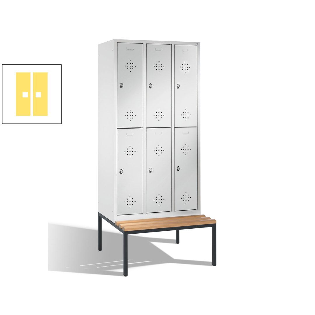 Garderobenschrank, Spind, 3 Abteile 6 Fächer, 2.090 x 1.200 x 815 mm (HxBxT), Hartholz Sitzbank untergebaut, Korpus anthrazitgrau, Türen anthrazitgrau