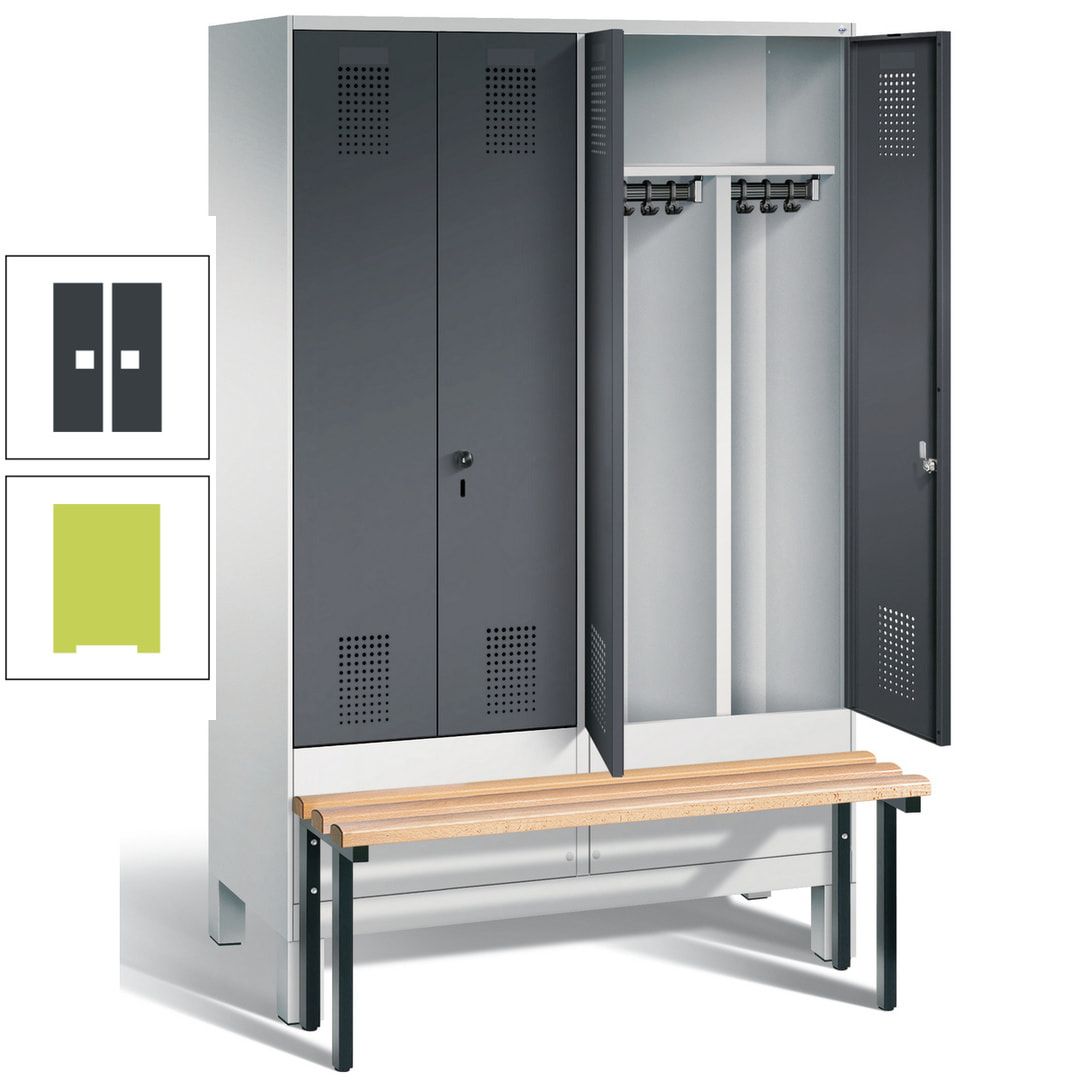 Doppel-Spind, Garderobenschrank, Buche Sitzbank vorgebaut, 4 Abteile a 300 mm, Korpus feuerrot, Tür Wasserblau, 1.850 x 1.200 x 815 mm (HxBxT)