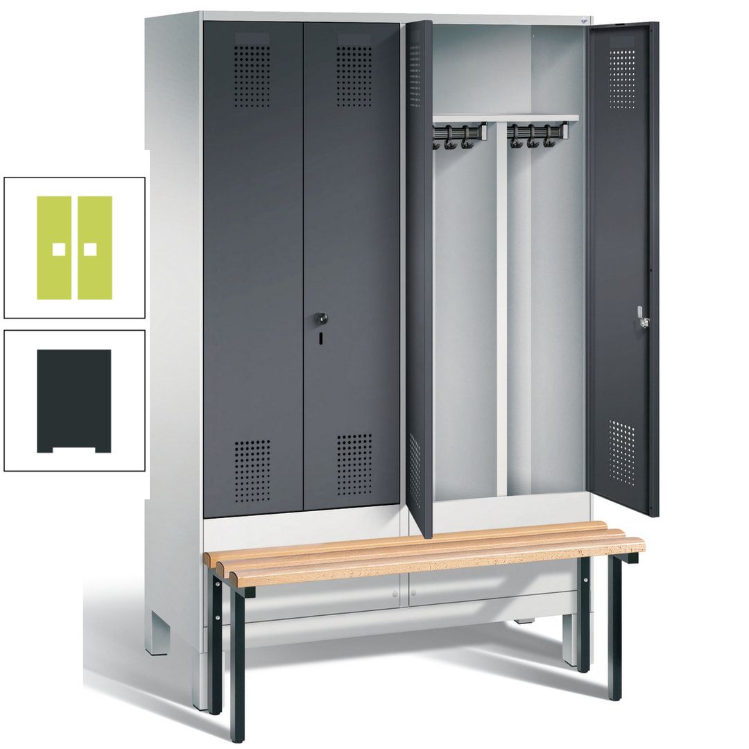 Doppel-Spind, Garderobenschrank, Buche Sitzbank vorgebaut, 4 Abteile a 300 mm, Korpus feuerrot, Tür Wasserblau, 1.850 x 1.200 x 815 mm (HxBxT)
