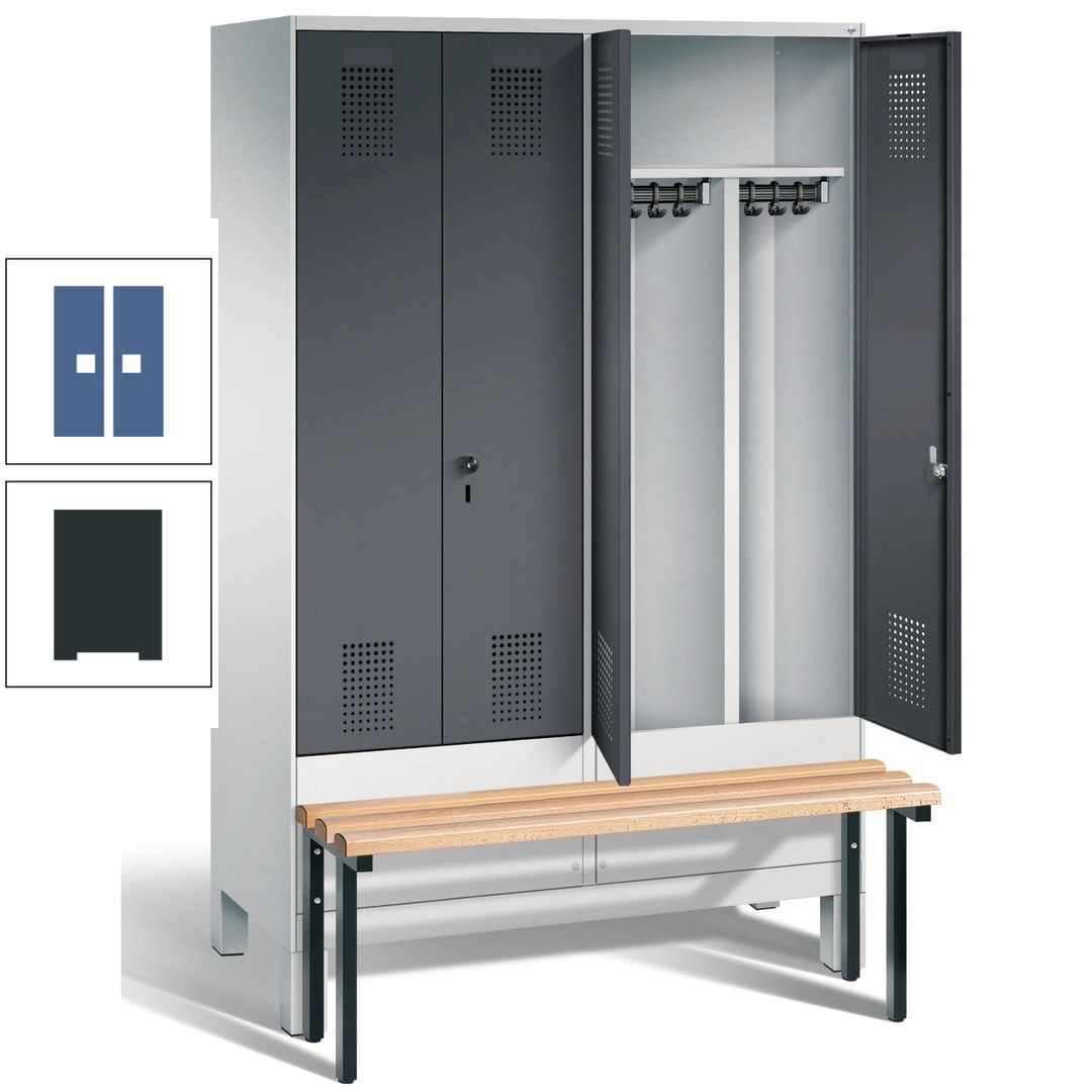 Doppel-Spind, Garderobenschrank, Buche Sitzbank vorgebaut, 4 Abteile a 300 mm, Korpus feuerrot, Tür Wasserblau, 1.850 x 1.200 x 815 mm (HxBxT)