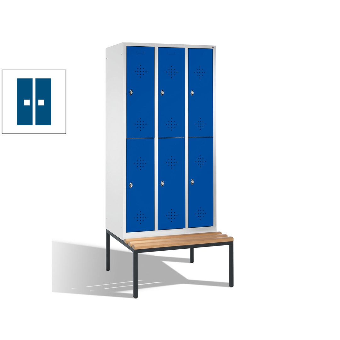 Garderobenschrank, Spind, 3 Abteile 6 Fächer, 2.090 x 1.200 x 815 mm (HxBxT), Hartholz Sitzbank untergebaut, Korpus lichtgrau, Türen anthrazitgrau