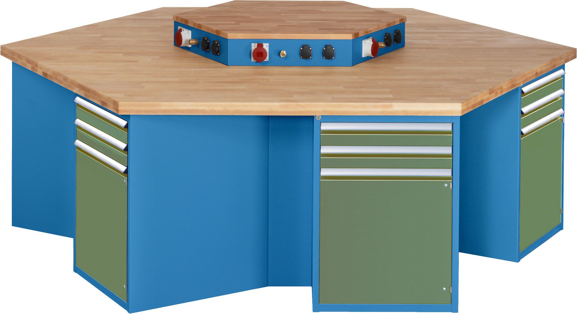 Gruppenwerkbank, Buche, Höhe 840 mm, mit Energieaufsatz, Unterbau-Container, 2 Schubladen, 1 Tür, 1 Boden - Anthrazitgrau