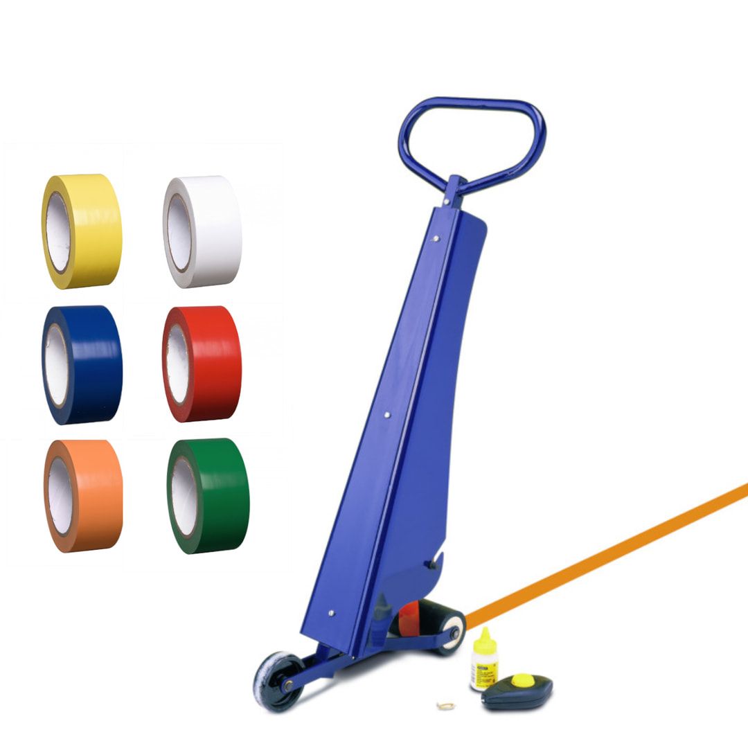 Bodenmarkiergerät, Set mit 2 Kleberollen, Markierfarbe blau, Schneidmesser und Schlagschnur, 50 mm Markierwagen, Wegemarkierungen, Markierungsgerät
