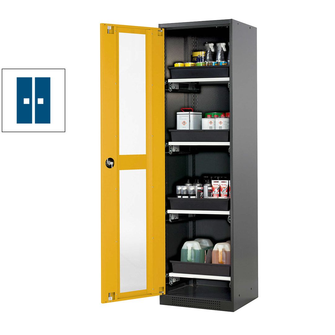 Chemikalienschrank - Flügeltür - Türanschlag links - 4 Tablarauszüge - 1.950 x 545 x 520 mm (HxBxT) - anthrazitgrau/enzianblau