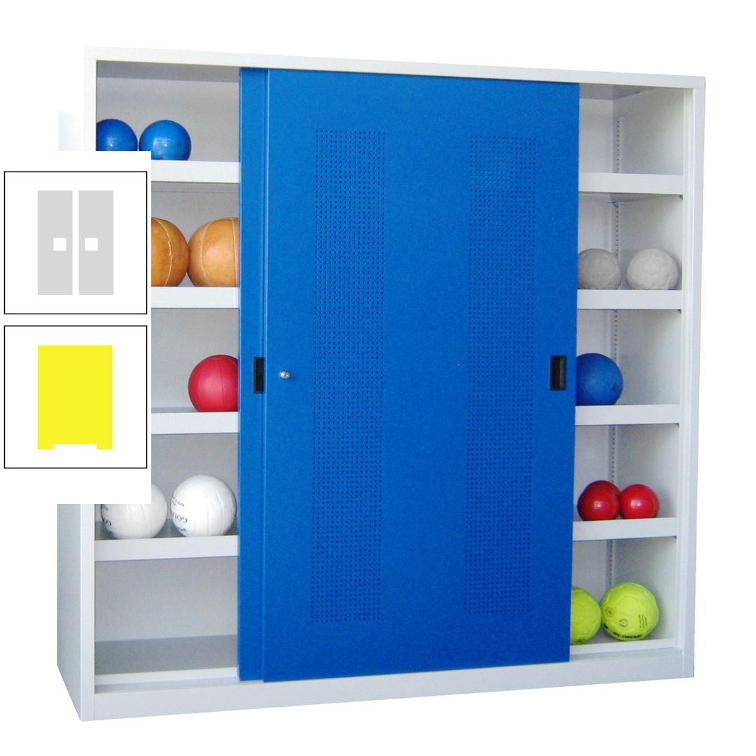 Ballschrank - Schiebetüren mit Lochfeld - Trennwand - 8 Böden - 1.950x2.000x600 mm (HxBxT) - anthrazitgrau