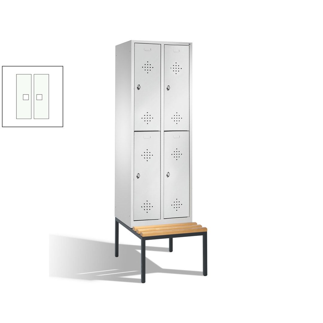 Garderobenschrank, Spind, 2 Abteile, 4 Fächer, 2.090 x 610 x 815 mm (HxBxT), Hartholz Sitzbank untergebaut, Korpus weißaluminium, Türen anthrazitgrau