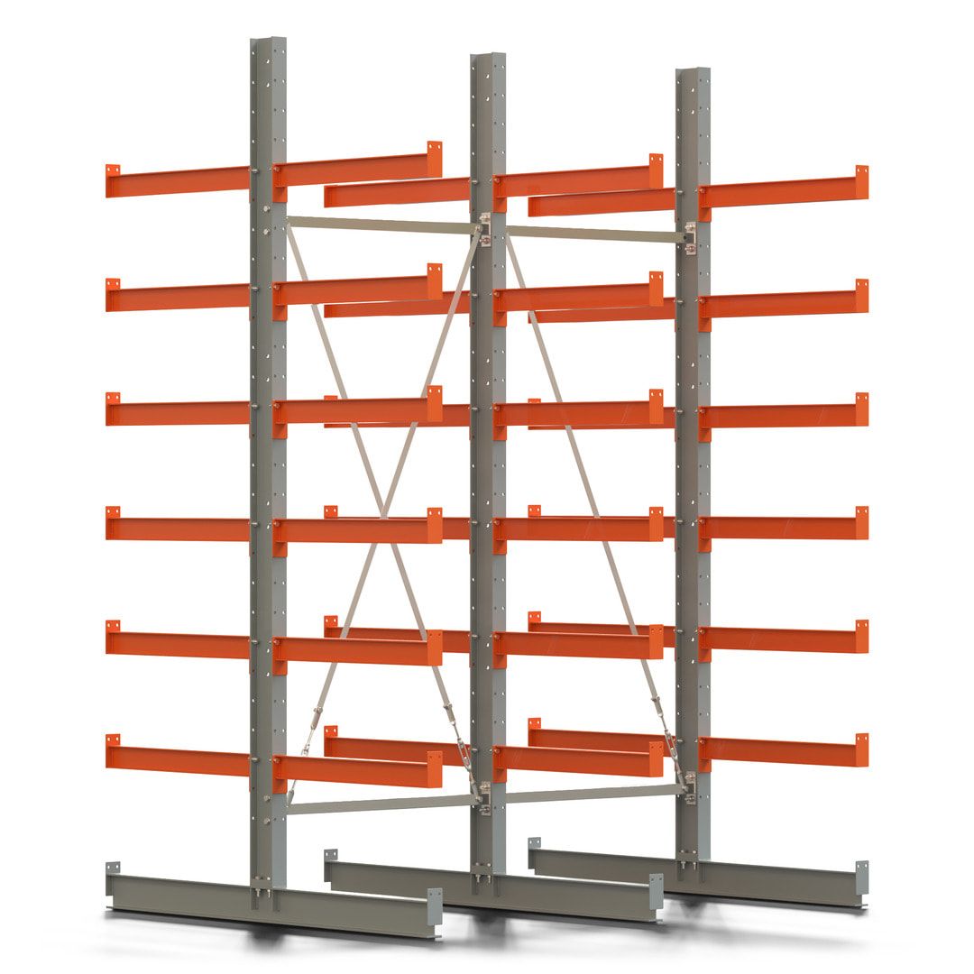 Doppelseitiges Kragarmregal, 2 Felder, 3.000 x 2.000 x 1.120 mm (HxBxT), Nutztiefe 500 mm, Kragarmlast 870 kg, KARL basic, silbergrau/reinorange