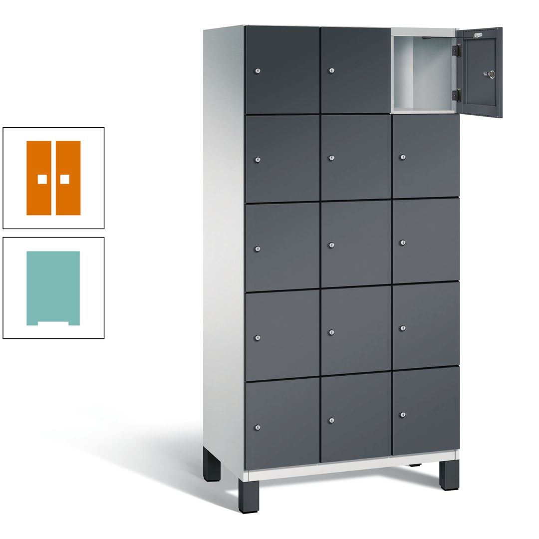 Fächerschrank, Stahlschrank, 15 Fächer, Türöffnungsbegrenzer, Füße, 1.980 x 900 x 525 mm (HxBxT), Korpus anthrazitgrau, Front anthrazitgrau