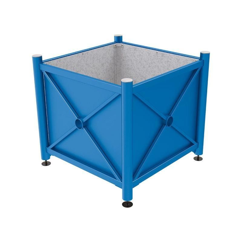 Pflanzbehälter, fvz.Stahl, innen feuerverzinkt, Verladungsgriffe, verstellbare Füße, Kopf Agora, 900 x 1.000 x 1.000 mm (HxBxT), enzianblau