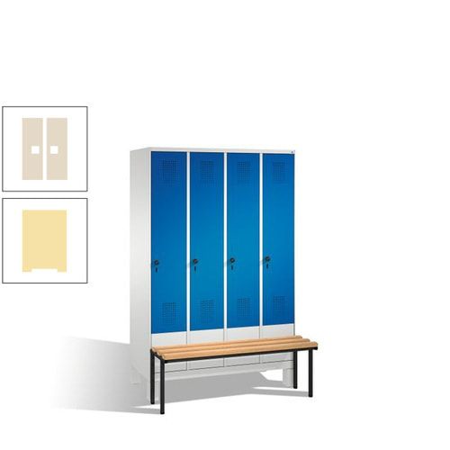 Stahl-Garderobenschrank, Spind, Buche Sitzbank vorgebaut, 4 Abteile a 300 mm, Korpus Lichtgrün, Tür Schwefelgelb, 1.850 x 1.200 x 815 mm (HxBxT)