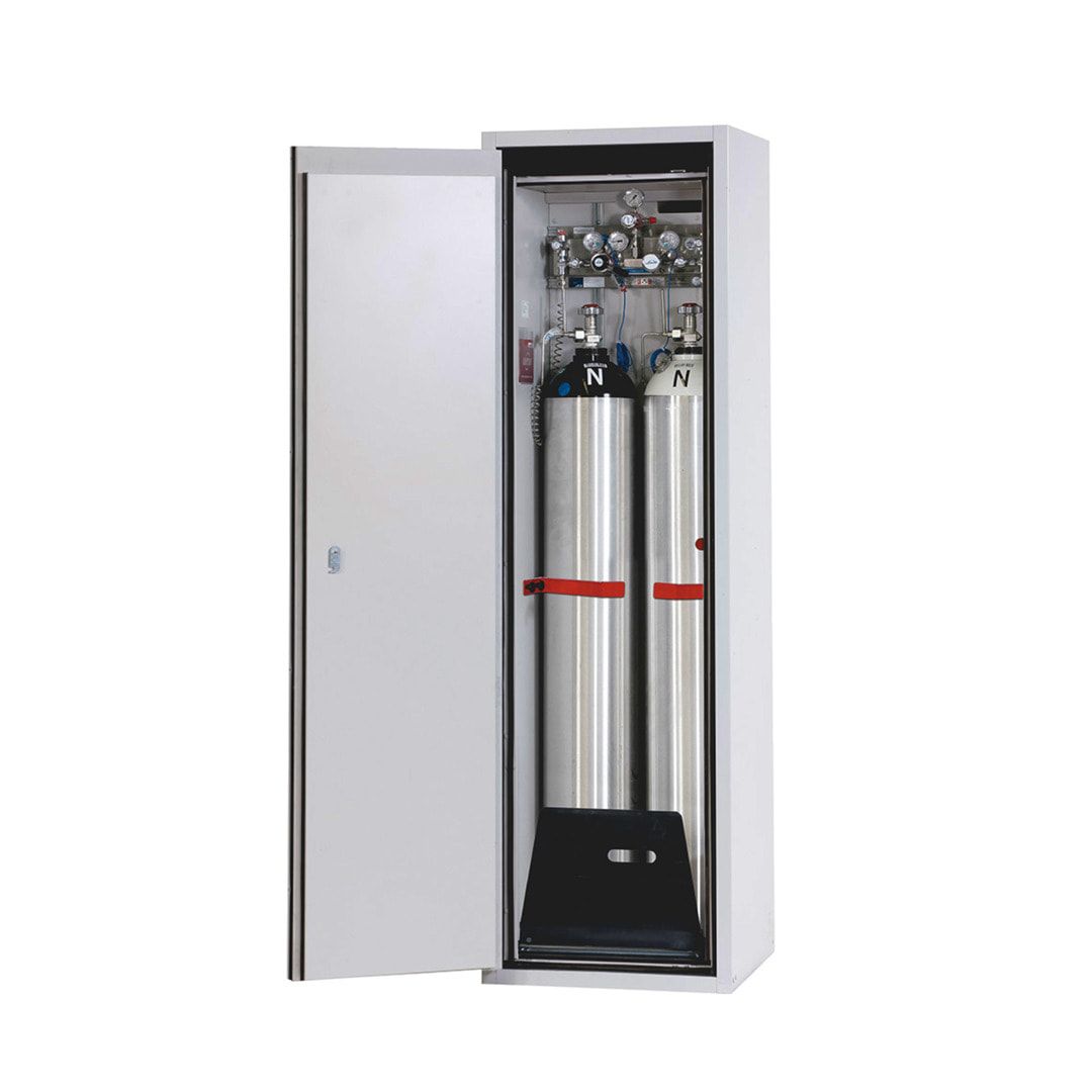 Druckgasflaschenschrank, Gasflaschenschrank, für 1 x 50 l Gasflasche, Schutzgas, Feuerwiderstand G90, 2.050 x 598 x 615 mm, lichtgrau