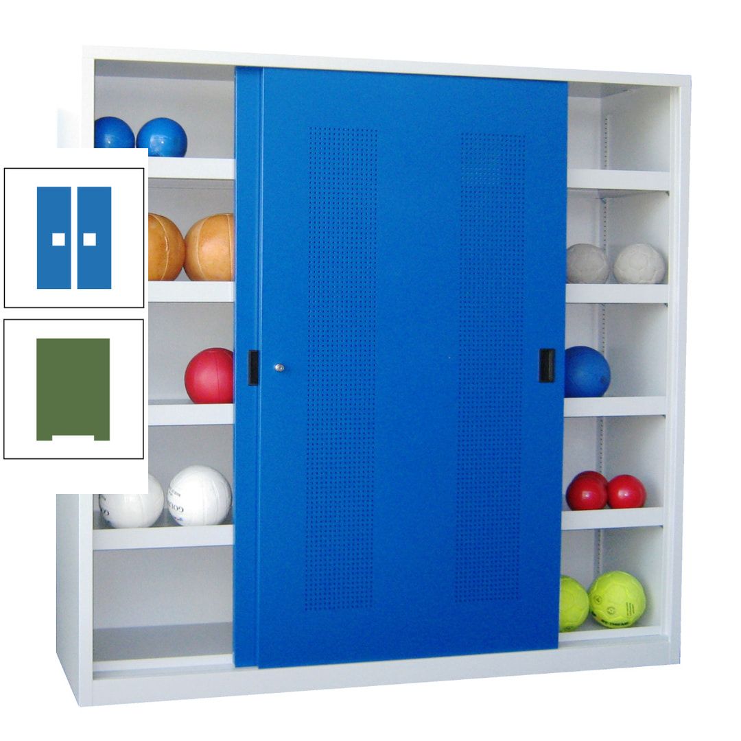 Ballschrank - Schiebetüren mit Lochfeld - Trennwand - 8 Böden - 1.950x2.000x600 mm (HxBxT) - anthrazitgrau