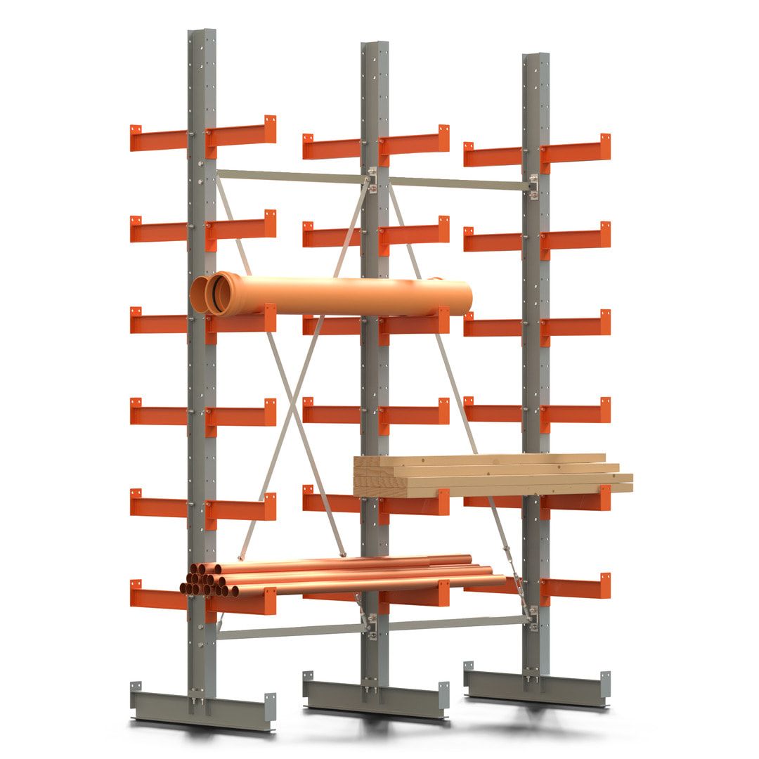 Doppelseitiges Kragarmregal, 2 Felder, 3.000 x 2.000 x 1.120 mm (HxBxT), Nutztiefe 500 mm, Kragarmlast 870 kg, KARL basic, silbergrau/reinorange