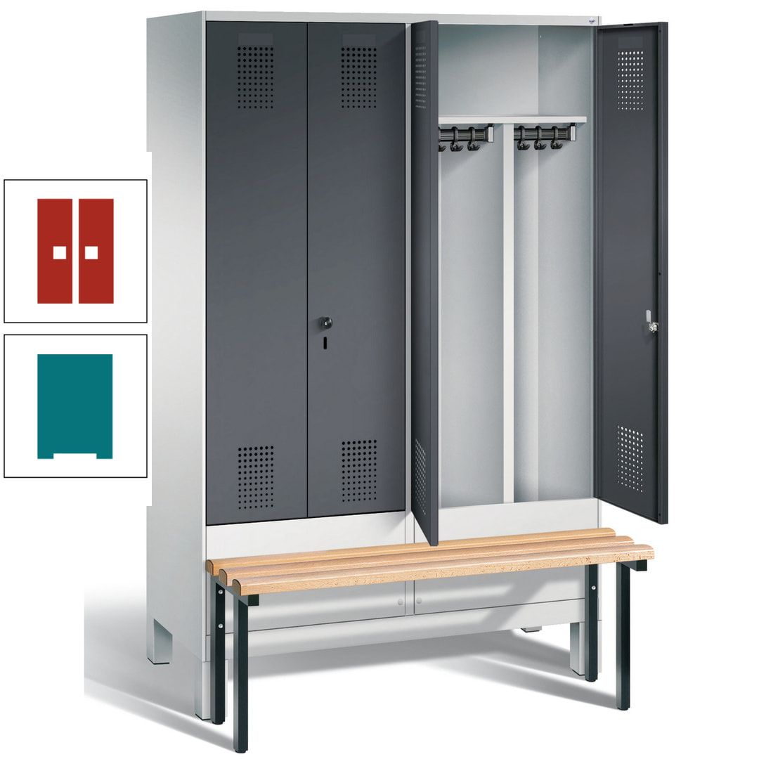Doppel-Spind, Garderobenschrank, Buche Sitzbank vorgebaut, 4 Abteile a 300 mm, Korpus feuerrot, Tür Wasserblau, 1.850 x 1.200 x 815 mm (HxBxT)