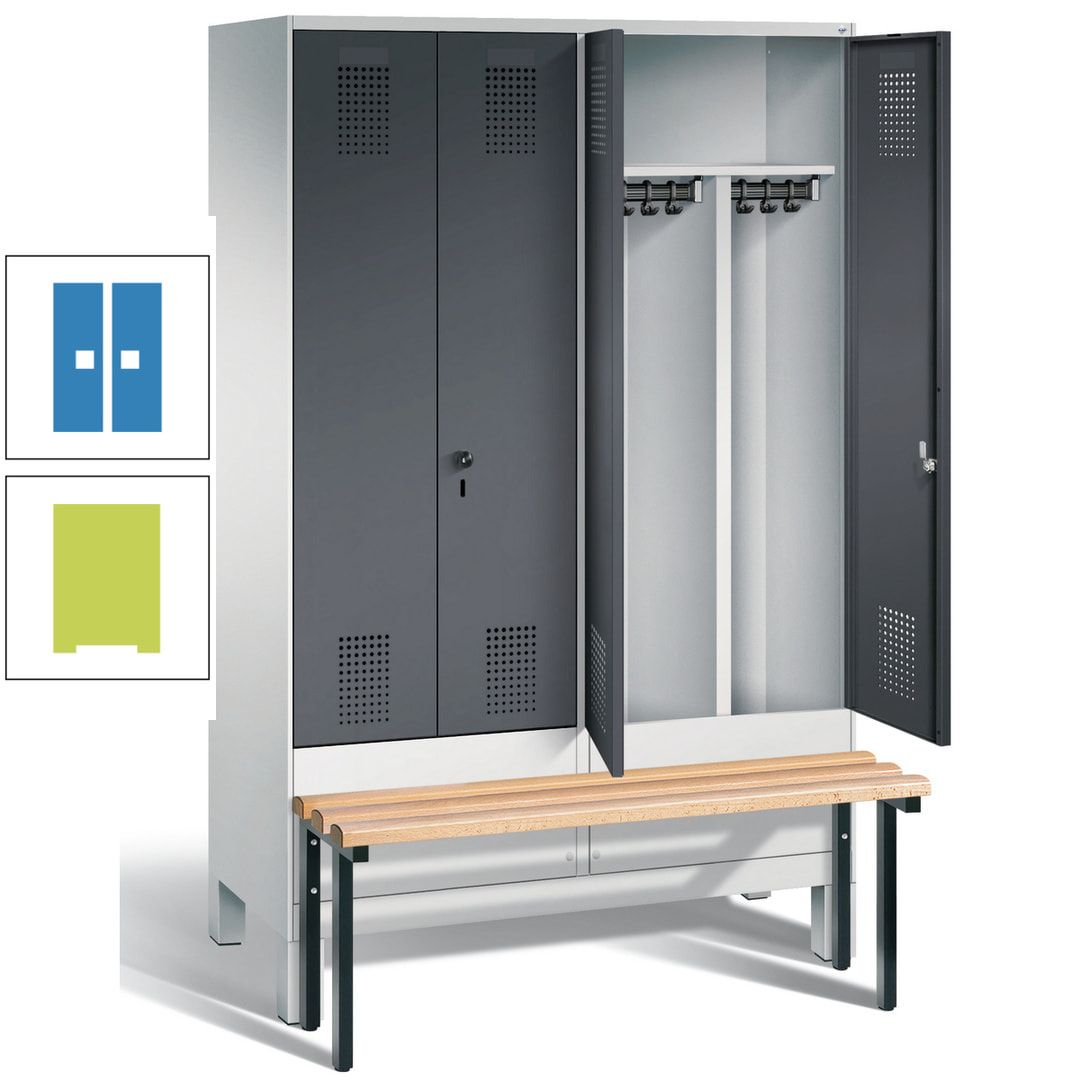 Doppel-Spind, Garderobenschrank, Buche Sitzbank vorgebaut, 4 Abteile a 300 mm, Korpus feuerrot, Tür Wasserblau, 1.850 x 1.200 x 815 mm (HxBxT)