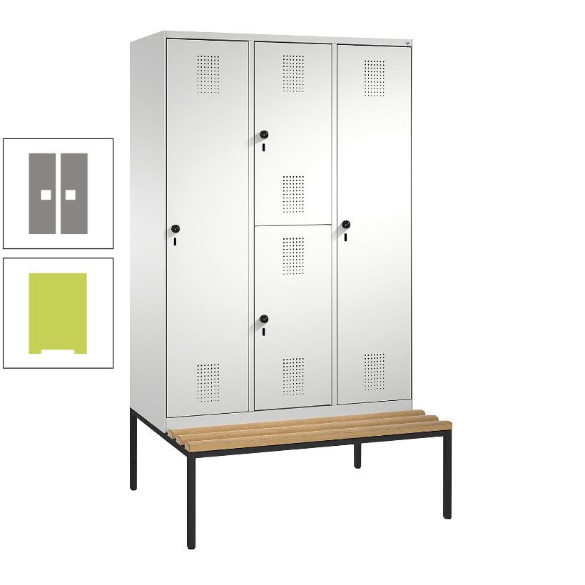 Garderobenschrank, Spind ein- und doppelstöckig Sitzbank, 3 Abteile, 4 Fächer, 2.090x1.200x500 mm (HxBxT), Front anthrazitgrau, Korpus anthrazitgrau
