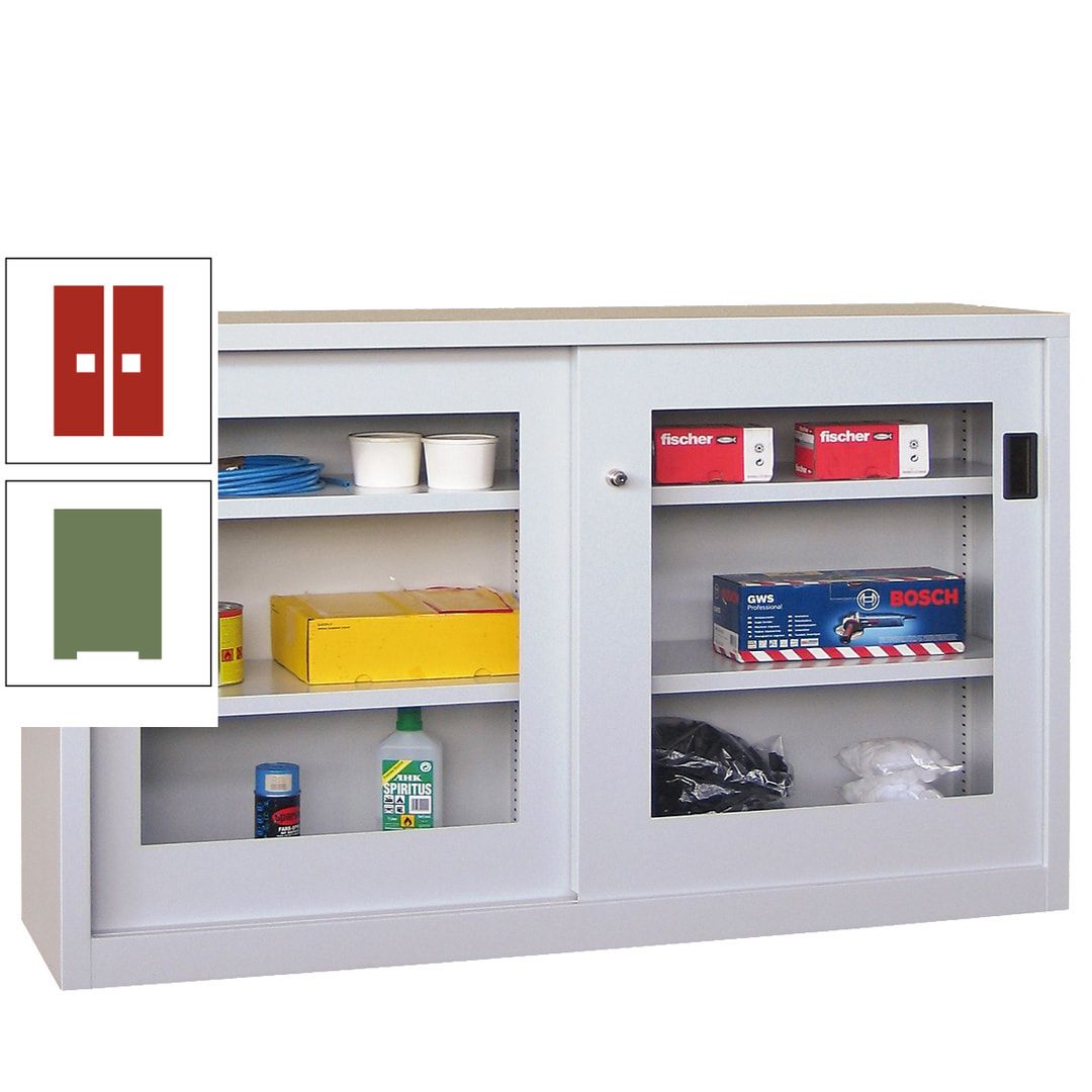 Schiebetürenschrank - Sichtfenstertüren - 1.000x1.500x600 mm (HxBxT) - 4 Böden, verzinkt - Zylinderschloss - anthrazitgrau
