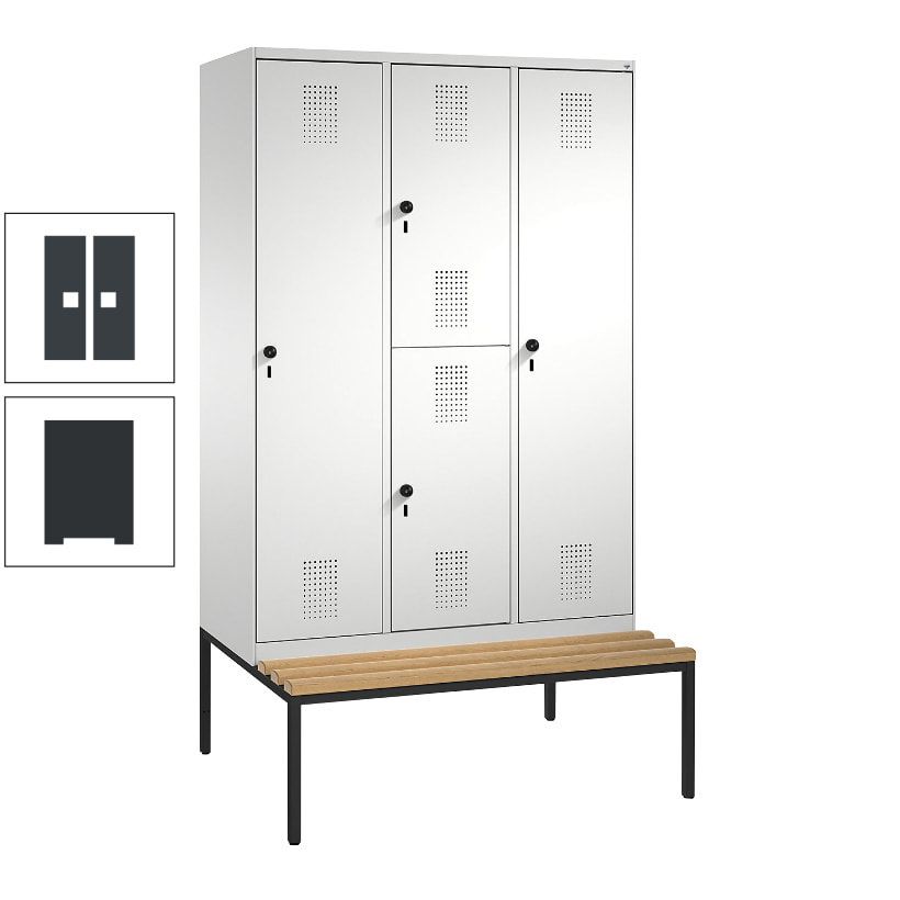 Garderobenschrank, Spind ein- und doppelstöckig Sitzbank, 3 Abteile, 4 Fächer, 2.090x1.200x500 mm (HxBxT), Front anthrazitgrau, Korpus anthrazitgrau